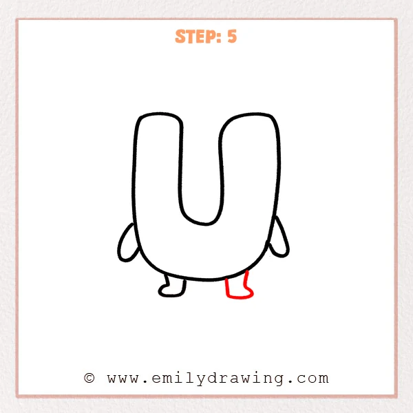 how to draw a bubble letter u - A bubble letter U character with two short legs and rounded shoes, one toe pointing left and the other pointing right.